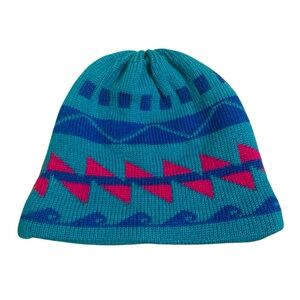 Vintage Patagonia Teal Purple Fleece Geometric Beanie Winter Ski Y2K 90s